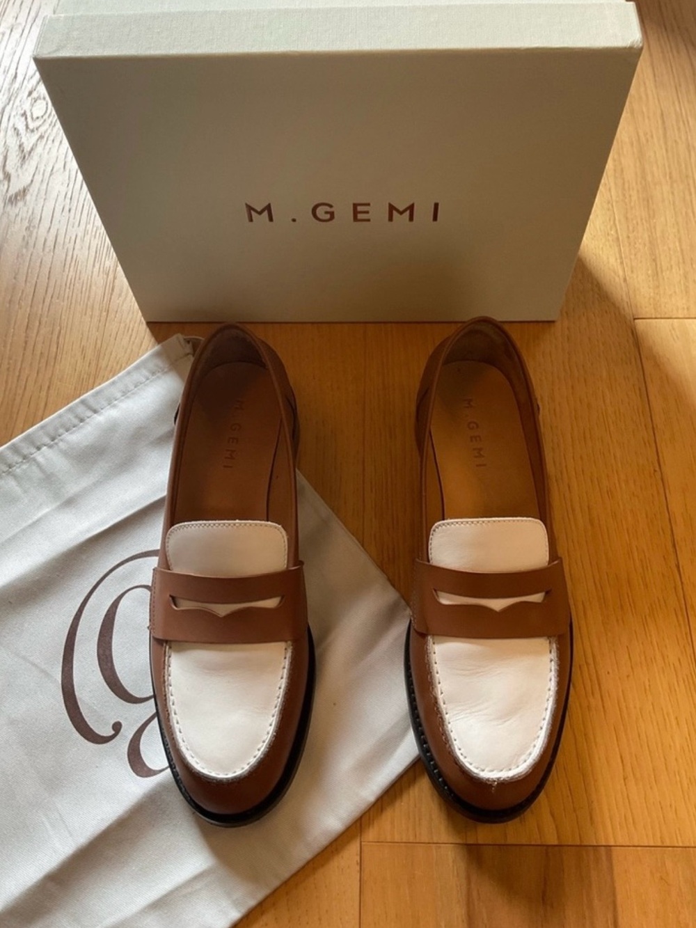 M. Gemi White and Brown Leather Penny Loafers, Size 39.5